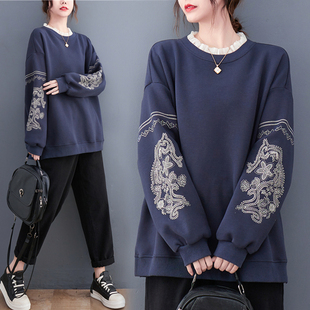 速发大码重工刺绣花丝蕾边圆领卫衣减冬秋龄遮肉打底衫宽松长袖上