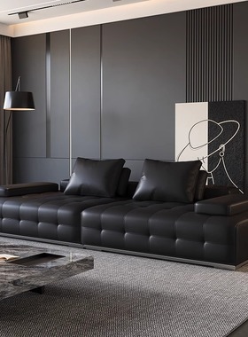 劳伦斯沙发客厅意式极简真皮直排大户型黑色头层牛皮半青皮艺沙发