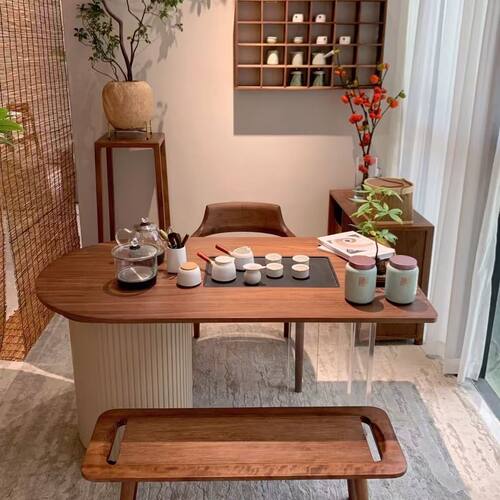 奶油风实木茶桌现代简约亚克力家用2025新款原木阳台新中式泡茶桌