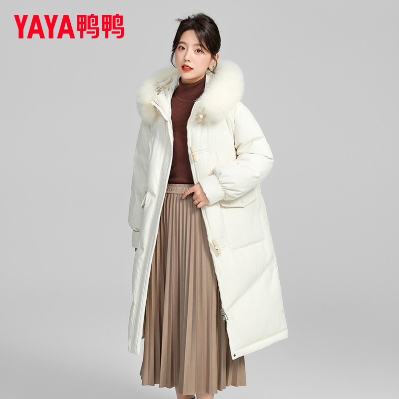 鸭鸭羽绒服女款冬季2026新款韩版过膝长款大毛领时尚保暖白色外套