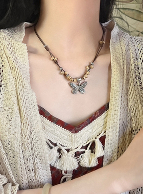 现货速发新中式陶瓷蝴蝶吊坠项链复古民族风choker锁骨链小众高级
