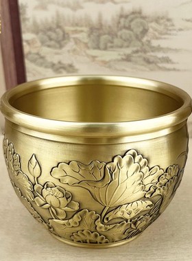 快速发货莲花招财进宝缸纯铜摆件黄铜米J缸聚财招财摆件聚宝盆家