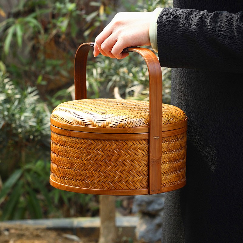 速发竹盒大漆手提篮手工仿古手提食盒竹篮子月饼礼茶便携编具收纳