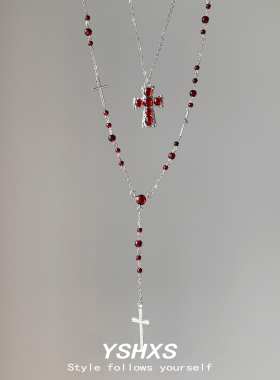甜酷风十字架毛衣链女y2k小众设计红色珠子项链