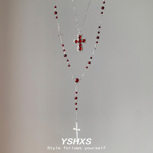 甜酷风十字架毛衣链女y2k小众设计红色珠子项链