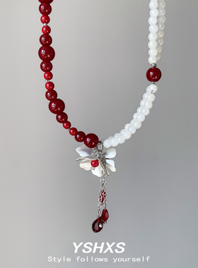 珍珠花朵流苏项链女小众颈链