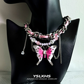 粉色蝴蝶choker夸张项链多巴胺设计感颈链y2k亚比锁骨链小众项圈