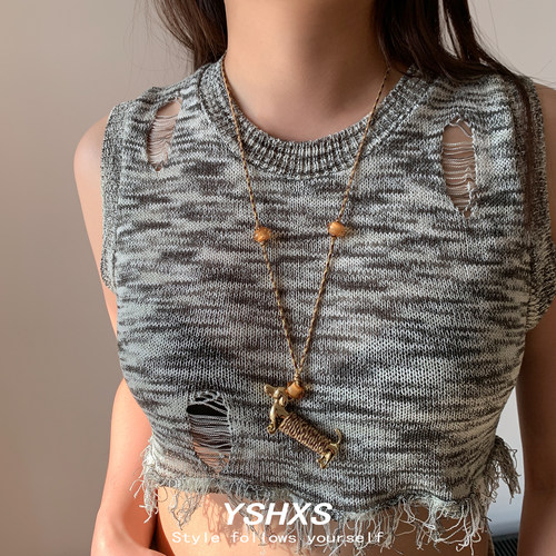 金色复古腊肠狗长款编织毛衣链女