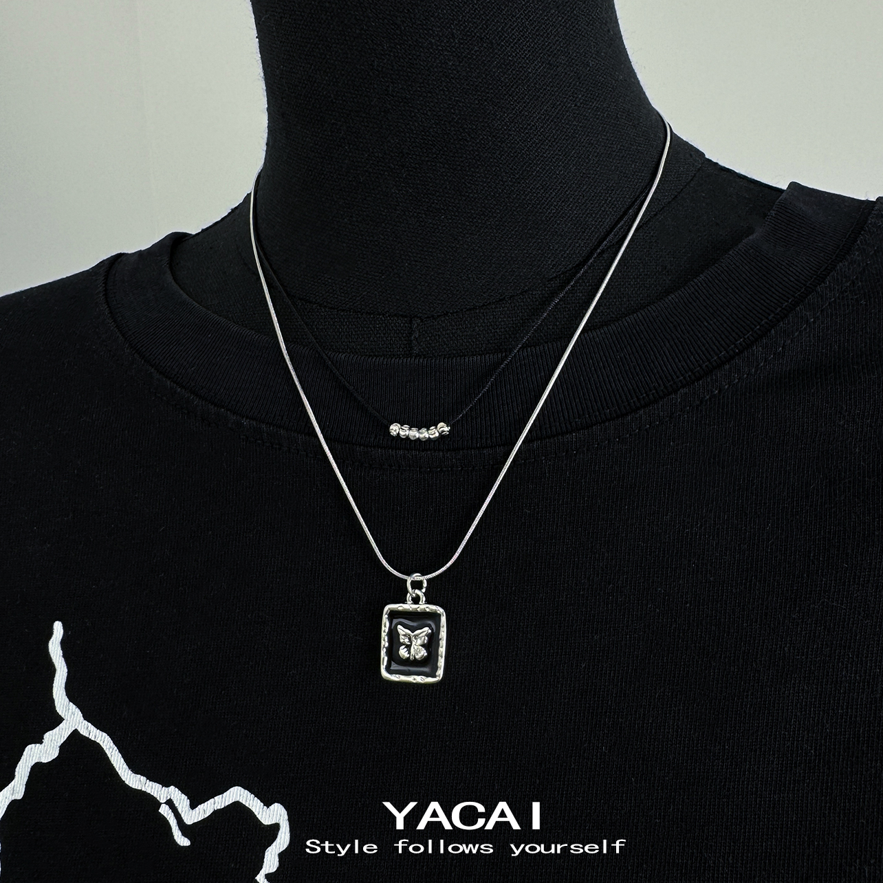 双层暗黑蝴蝶皮绳项链