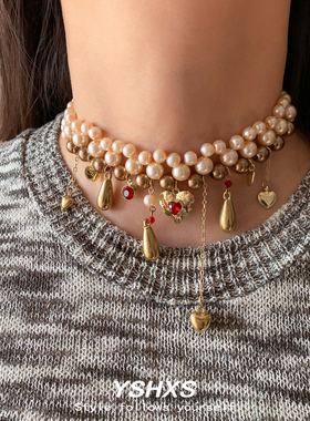 金色复古多层珍珠爱心水滴项链