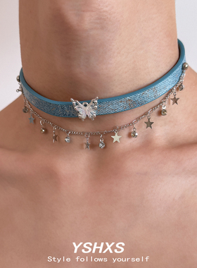 Y2K辣妹蓝蝴蝶星水钻choker