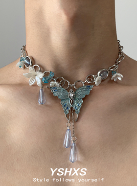 蓝色水晶蝴蝶花朵项链