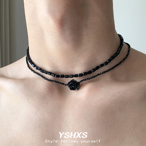 黑色玫瑰花双层设计串珠项链