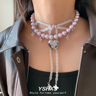 粉色珍珠蝴蝶结项链爱心吊坠韩系甜酷y2k流苏颈链