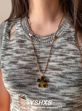 复古花朵吊坠项链抽拉式编织绳设计森系长款毛衣链个性时尚配饰