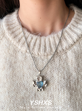 十字蓝色爱心冷淡风项链