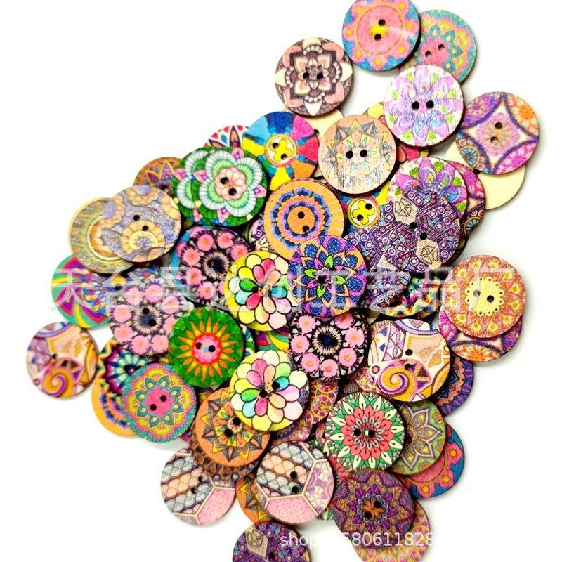 新品15mm/20mm/25mm复古印花圆片木纽扣 仿古花纹木扣辅料 100个