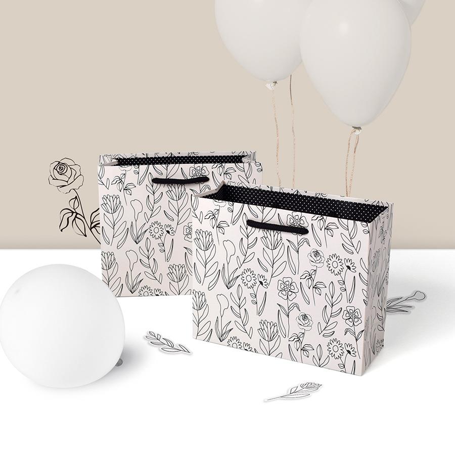 灰色方形白卡小号素色线稿鲜花手提袋现货简约礼物纸质包装手拎袋