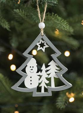 跨境热销灰色木质镂空圣诞挂件木制木头创意圣诞树吊饰装饰品