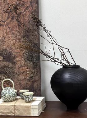 现代意式极简黑色木纹花器法式简约摆件茶室书房桌面家居树脂花瓶
