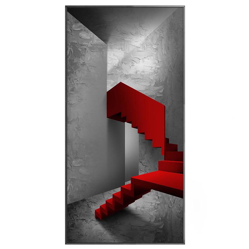 红色楼梯玄轻奢风格竖关背景墙装饰画工业风现代画挂画幅壁红色楼