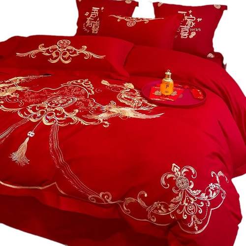 高档长绒棉婚庆四件套大红喜庆结婚床单被套床笠纯棉四件套新婚房