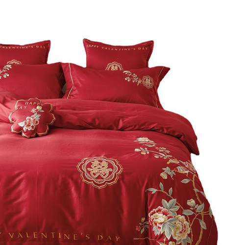 新中式轻奢刺绣花结婚庆全棉四件套100S纯棉红陪嫁床上喜被套床单