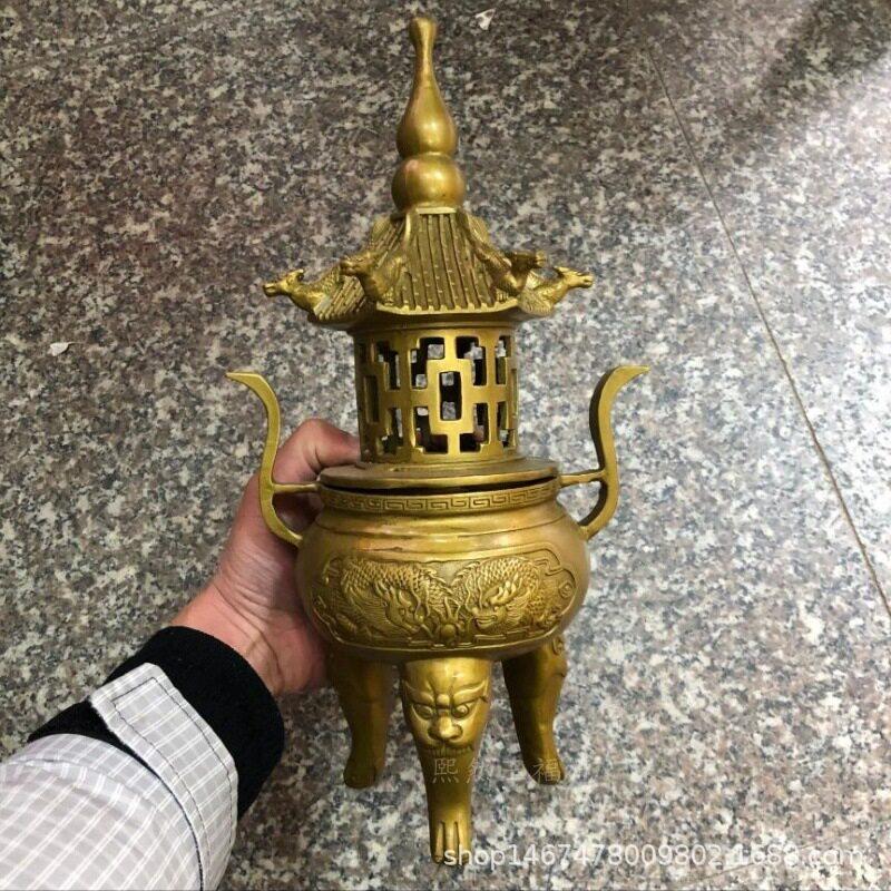 纯铜五龙佛塔香炉仿古黄铜双龙戏珠熏香炉三足铜鼎风水工艺品摆件