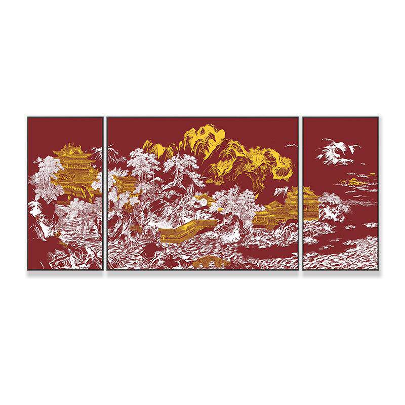 新中式高档客厅沙发背景墙山水楼阁装饰画酒店售楼部餐厅包间挂画