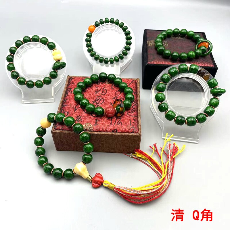 清贵族文玩老物件牙骨仿绿虬角满脑纹手串扎角翡翠干青色手链男女