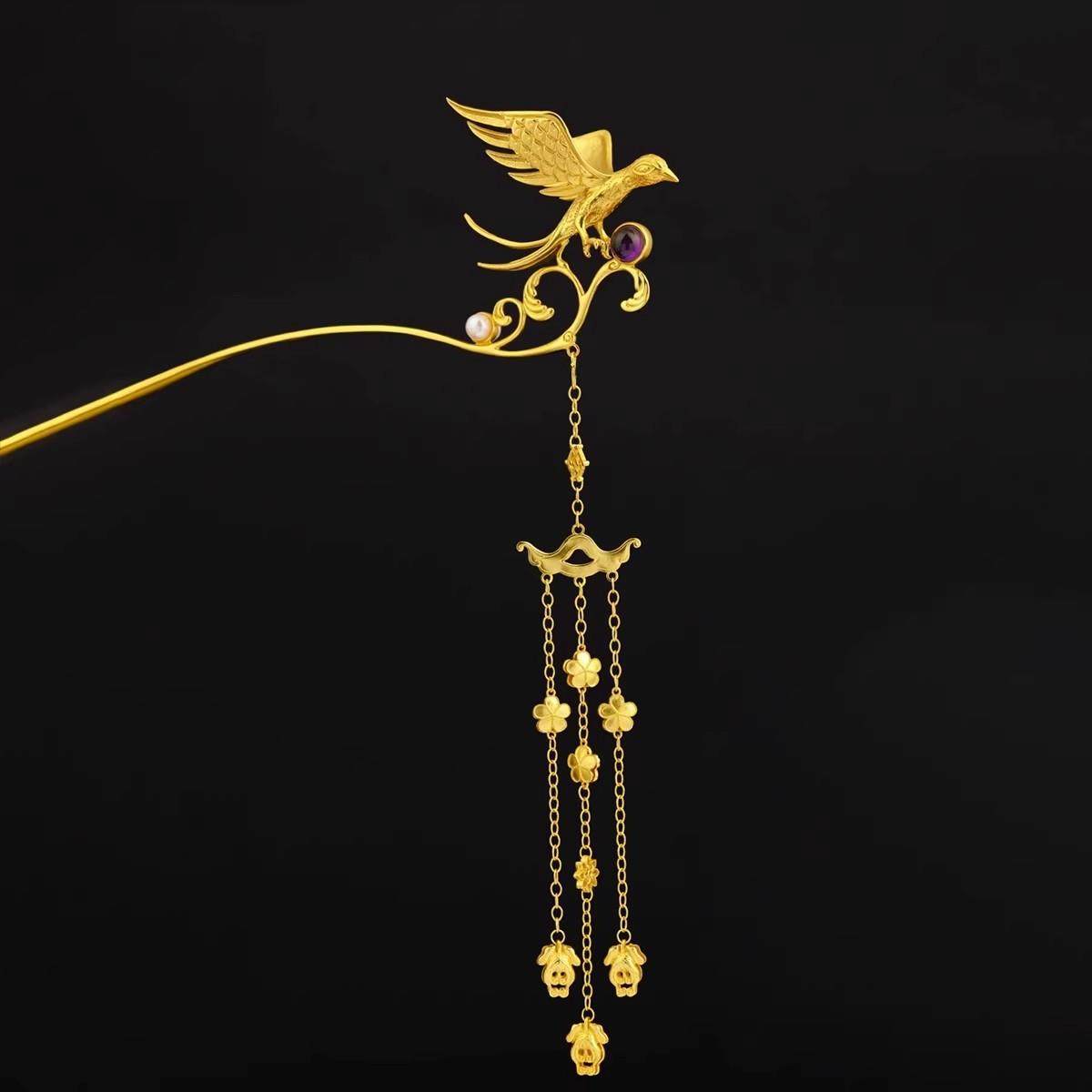 鹊金喜发簪国潮古风设计复古凤发簪步摇簪燕子发钗镀1凰8金发饰