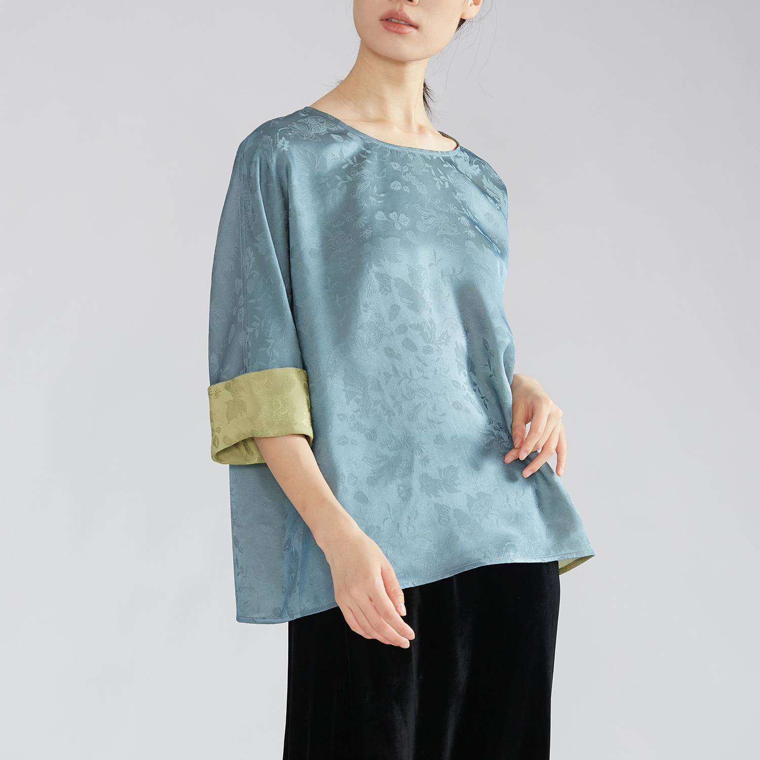 双面穿杭州丝绸红云纱真丝九分袖上衣100桑蚕丝小衫早秋新