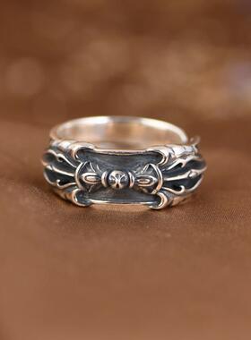 - 925银戒指 复古做旧梵文文字金刚杵设计新品泰银男戒指环