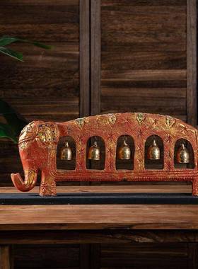 泰国东南亚风格木雕大象铃铛桌面装饰摆件客厅玄关会所软装工艺品