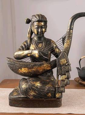 泰式弹琴女孩摆件创意轻奢复古玄关酒柜家居装饰摆件