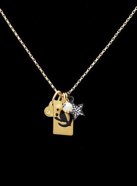 复古风时尚气质黑色小鸟印花方牌爱心珍珠星星多坠拉珠项链锁骨链