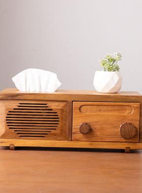 新中式收音机复古实木纸巾盒有抽屉客厅泰国柚木餐巾收纳抽纸盒