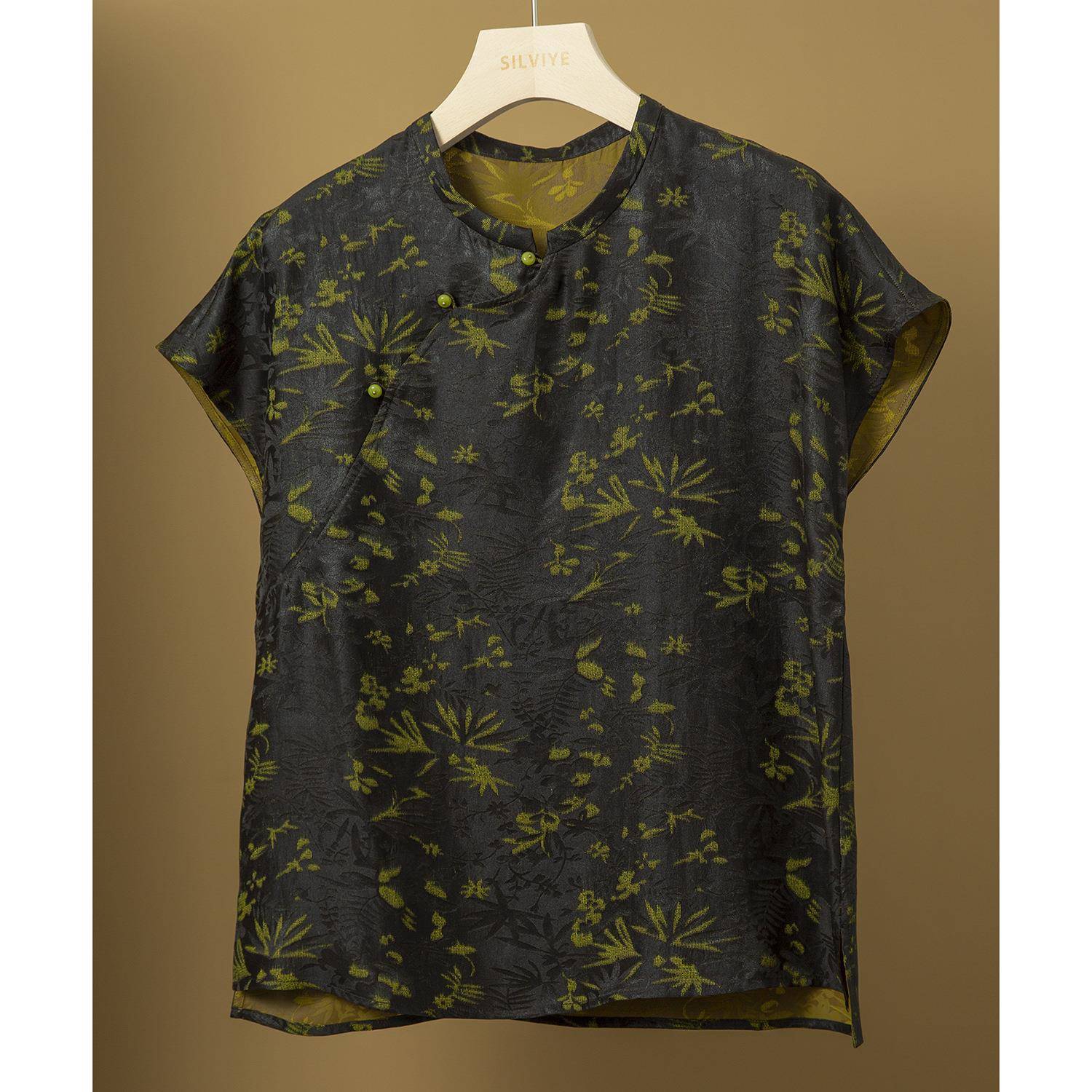 真丝香云纱花萝立领短袖四经绞罗上衣100桑蚕丝提花小衫夏新款