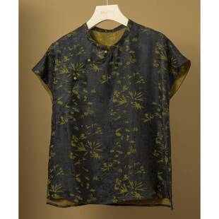 真丝香云纱花萝立领短袖四经绞罗上衣100桑蚕丝提花小衫夏新款