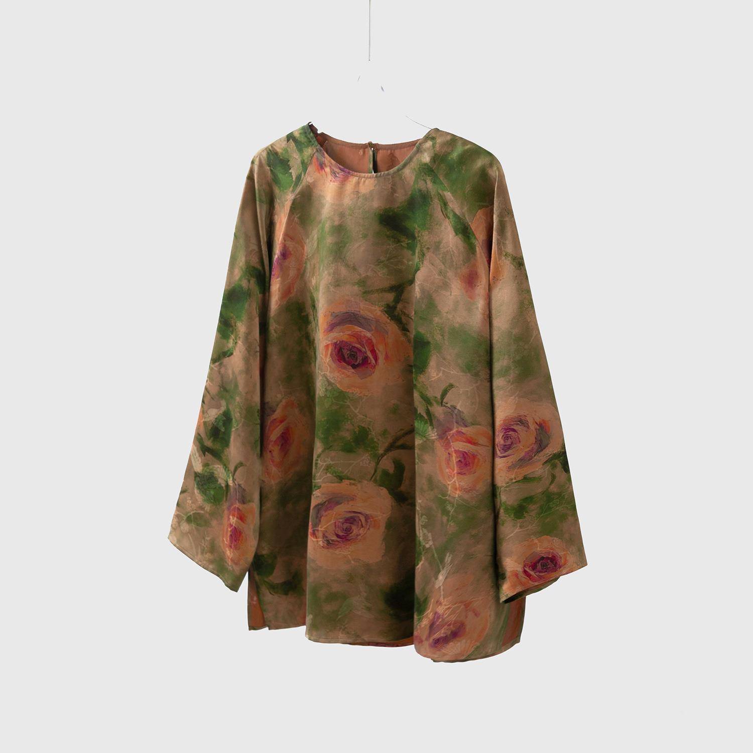 绿底玫瑰真丝红云纱花萝上衣100桑蚕丝国风新中式宽松衬衣