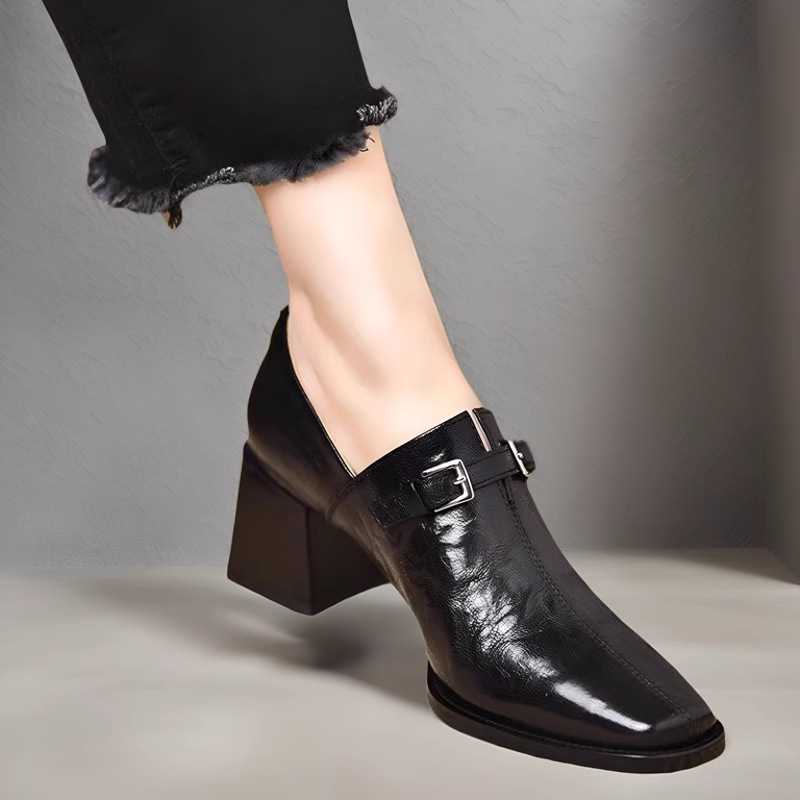 方头深口单鞋女皮带扣2025年春秋季新款舒适不累脚高跟粗跟女单鞋