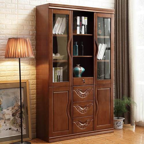 实木书柜现代中式雕花2门3门组合书橱办公室文件柜橡胶木办公家具