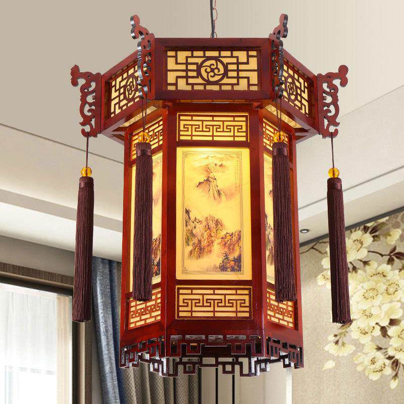 中式仿古实木宫灯羊皮宫廷吊灯复古建筑酒店寺庙长廊亭子六角灯笼