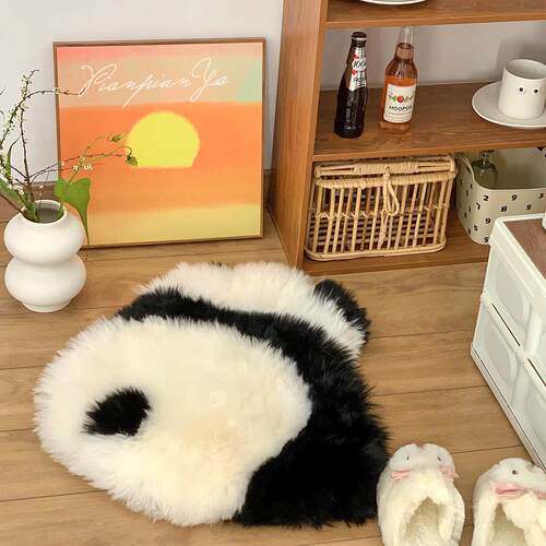 BK9K纯羊毛可爱熊猫毛绒手工坐垫地毯手工卧室客厅加厚皮毛一