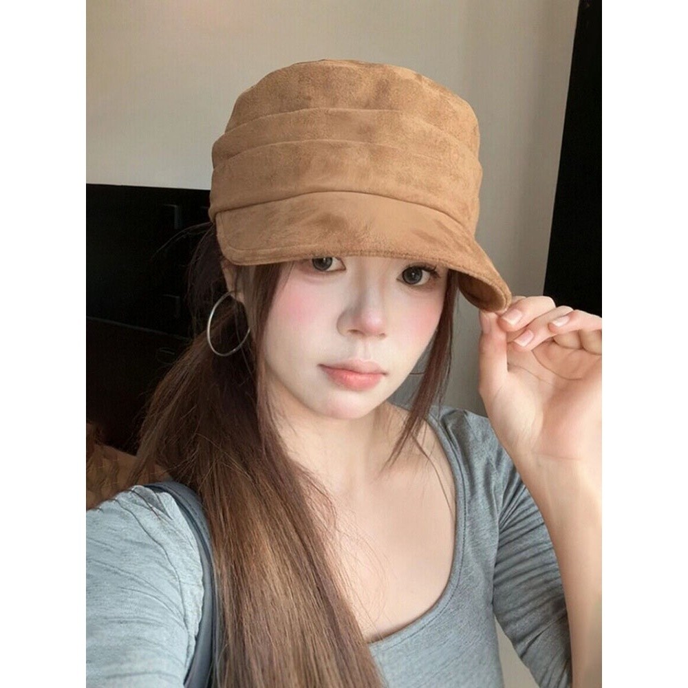 日系复古麂皮褶皱平顶马术帽女秋季休闲百搭显脸小贝雷帽子鸭舌帽