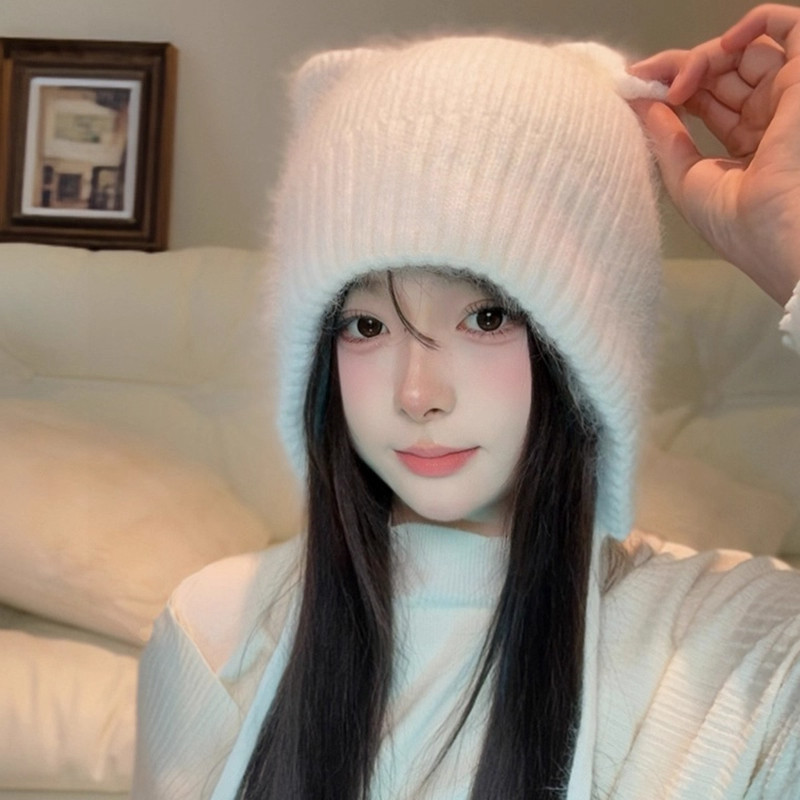 可爱猫耳朵兔毛针织帽秋冬新款