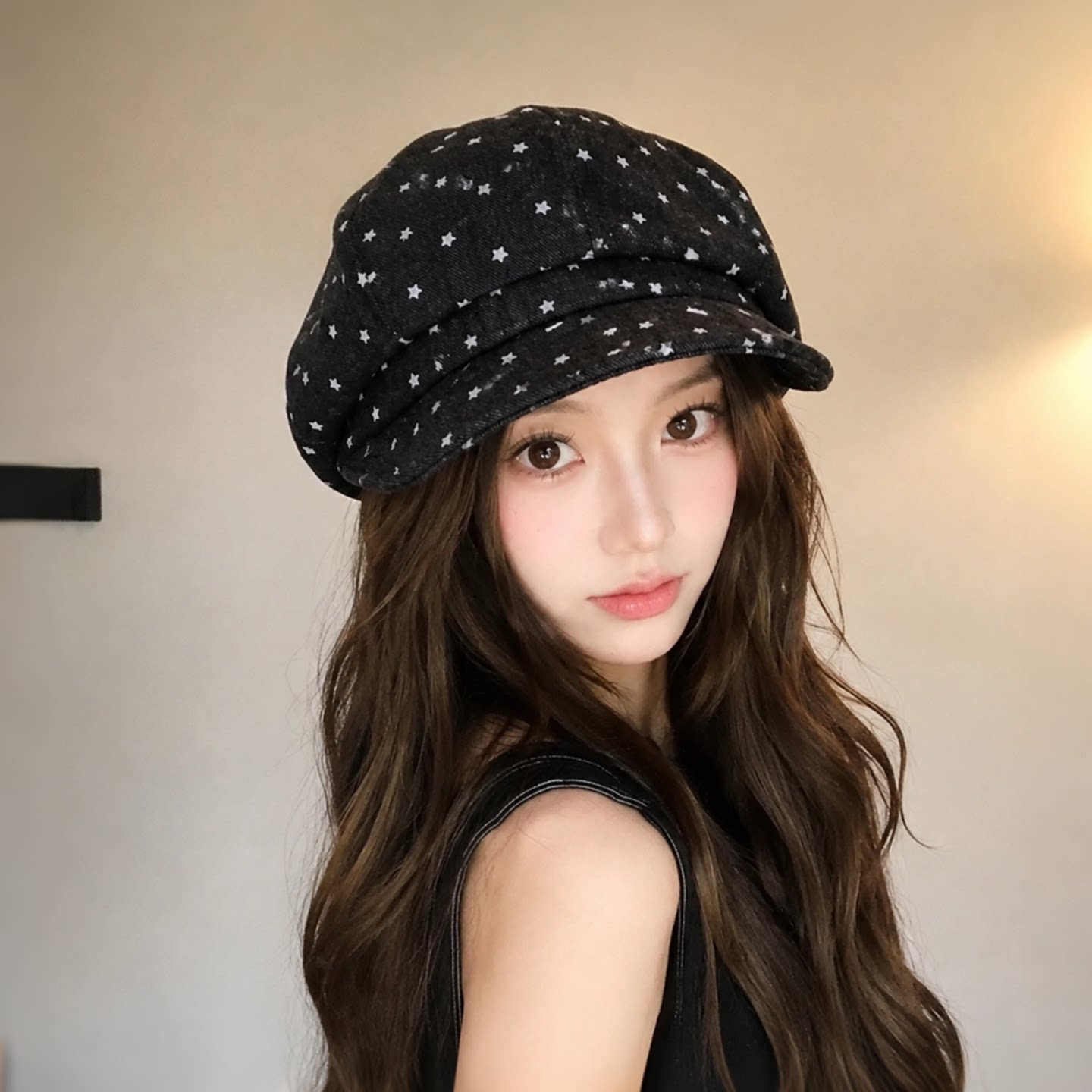 水洗黑牛仔星星包头帽显脸小