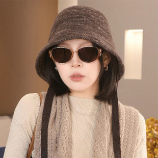 日系混色飘带针织渔夫帽子女秋冬季大头围休闲简约气质显脸小盆帽
