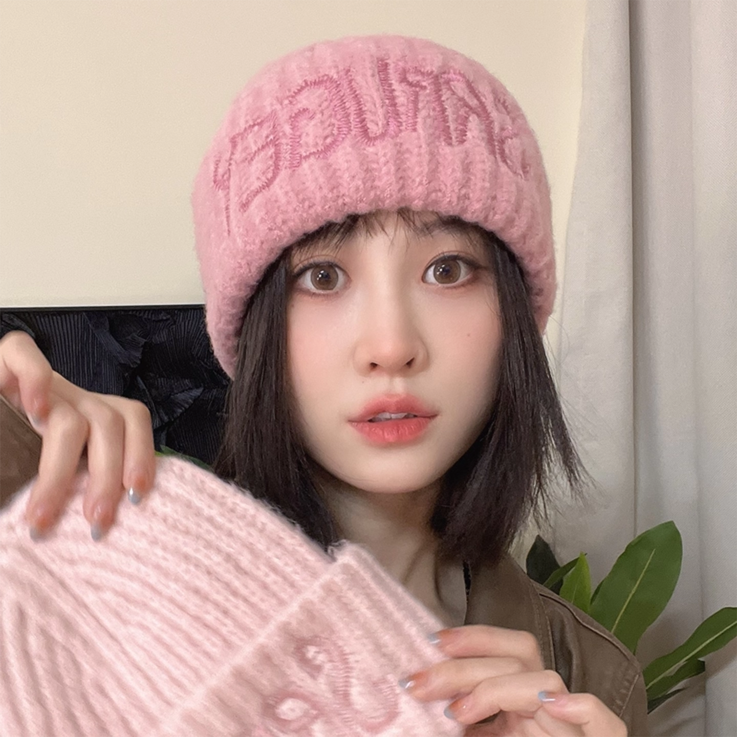 日系刺绣字母加厚毛线帽