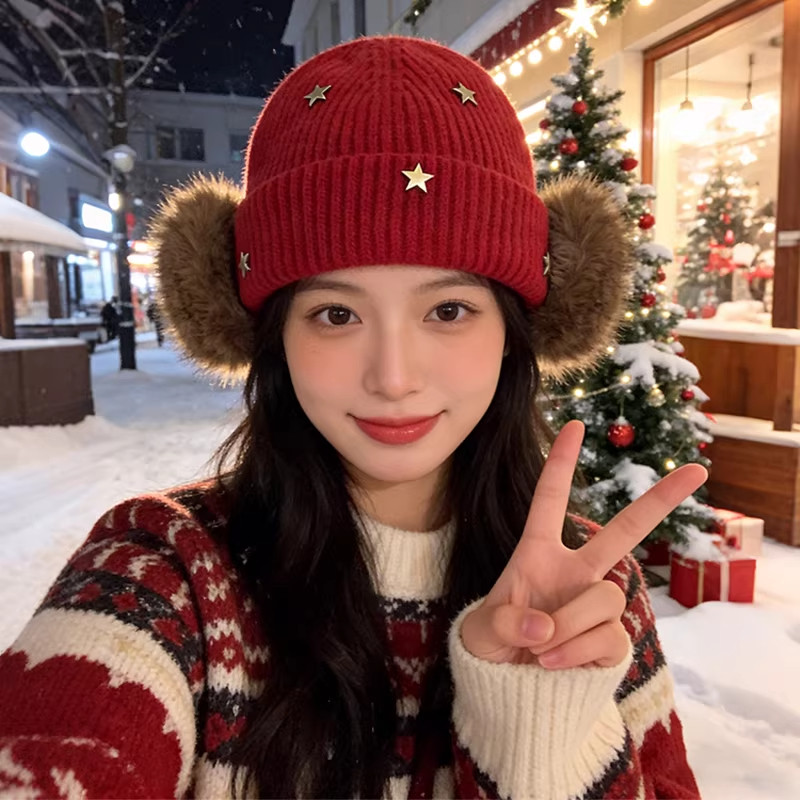 韩系简约星星装饰针织毛线帽子女冬季防寒护耳保暖帽大头围冷帽潮,服饰配件/皮带/帽子/围巾,帽子,淘宝优惠券,粉丝福利购,淘宝优惠卷